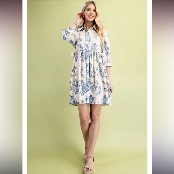 GiGiO Blue White Floral Dress Adjustable Tie Waist Boho Cottagecore Medium NWT - Picture 5 of 17